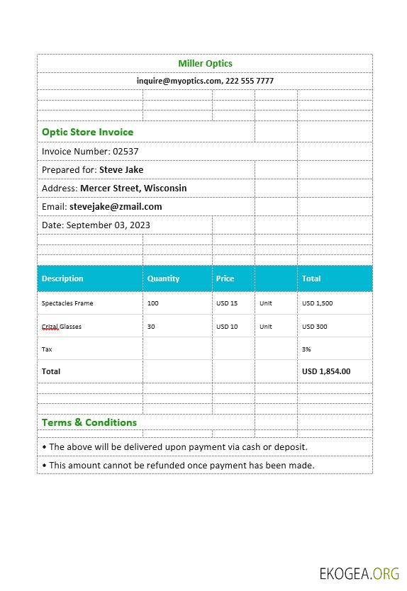 Modèle de facture de magasin d'optique